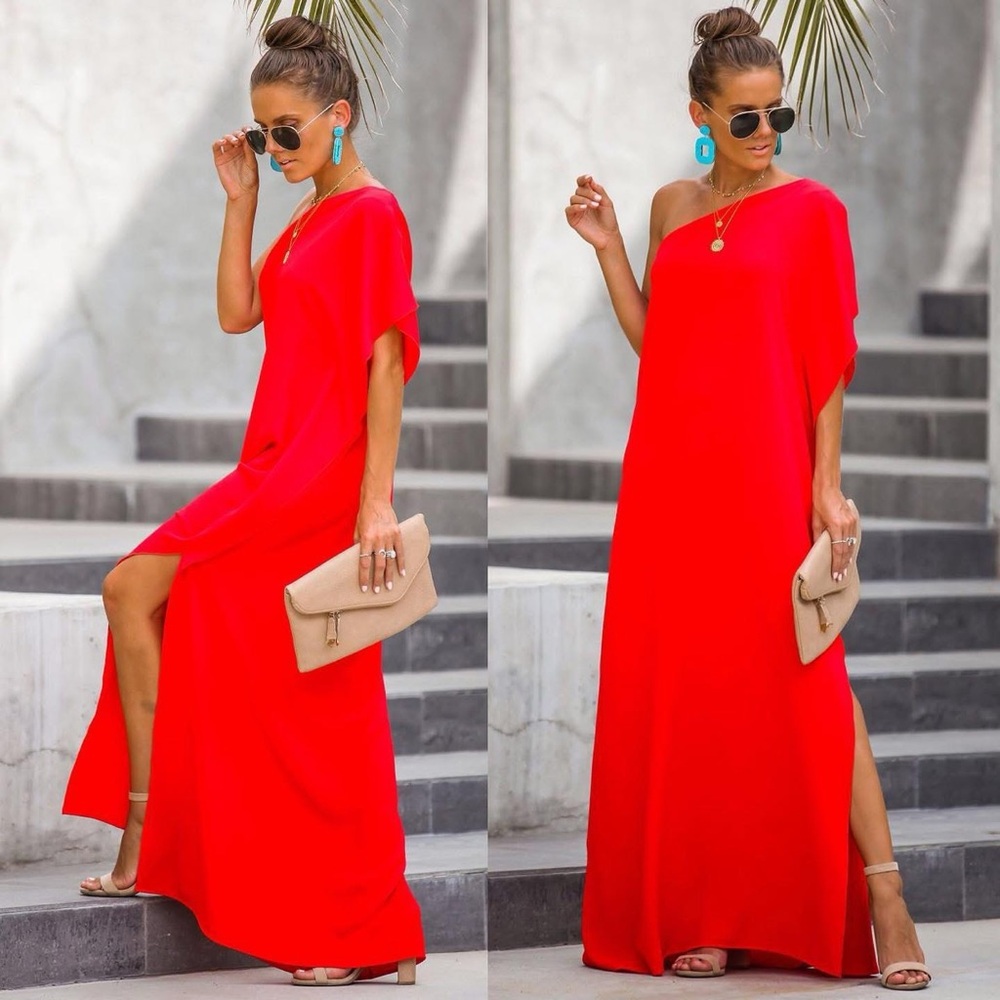 Vibrant Red One-Shoulder Maxi Dress